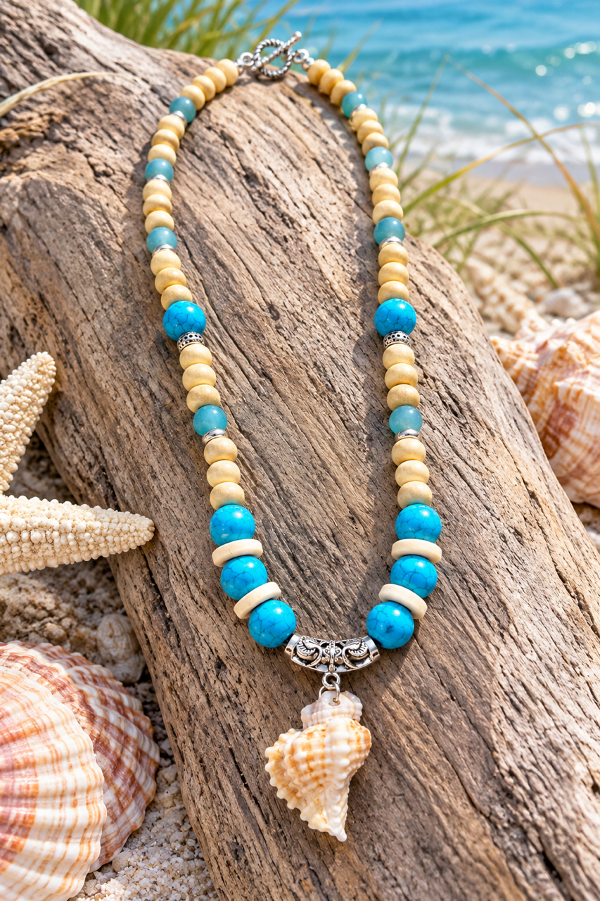 Turquoise beaded conch shell necklace detail