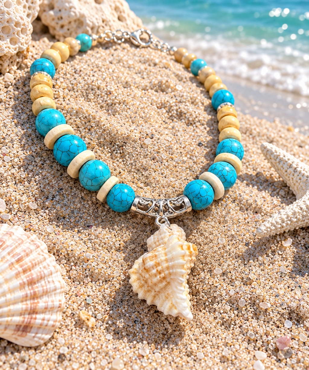 Turquoise beaded conch shell necklace detail