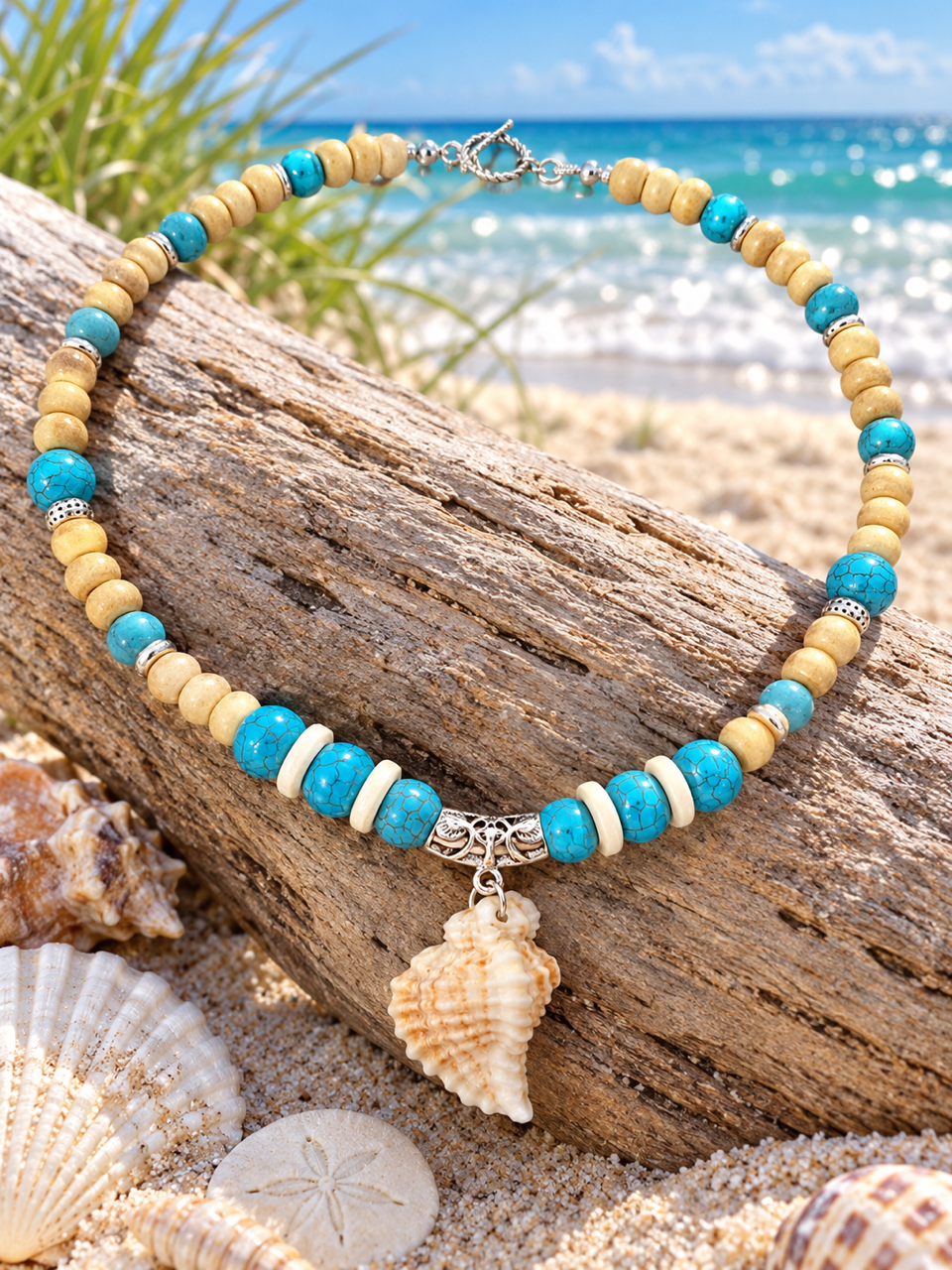 Turquoise beaded conch shell necklace detail