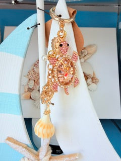 Coastal Sea Turtle Crystal Bag Charm With Pink Crystals And Rose Gold