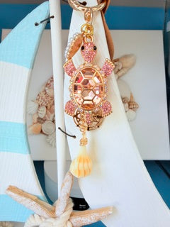 Coastal Sea Turtle Crystal Bag Charm With Pink Crystals And Rose Gold