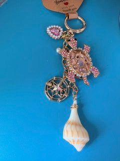 Coastal Sea Turtle Crystal Bag Charm With Pink Crystals And Rose Gold
