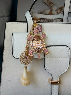 Coastal Sea Turtle Crystal Bag Charm With Pink Crystals And Rose Gold