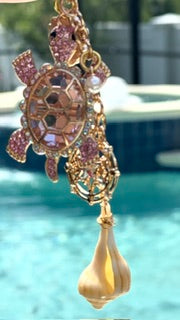 Coastal Sea Turtle Crystal Bag Charm With Pink Crystals And Rose Gold