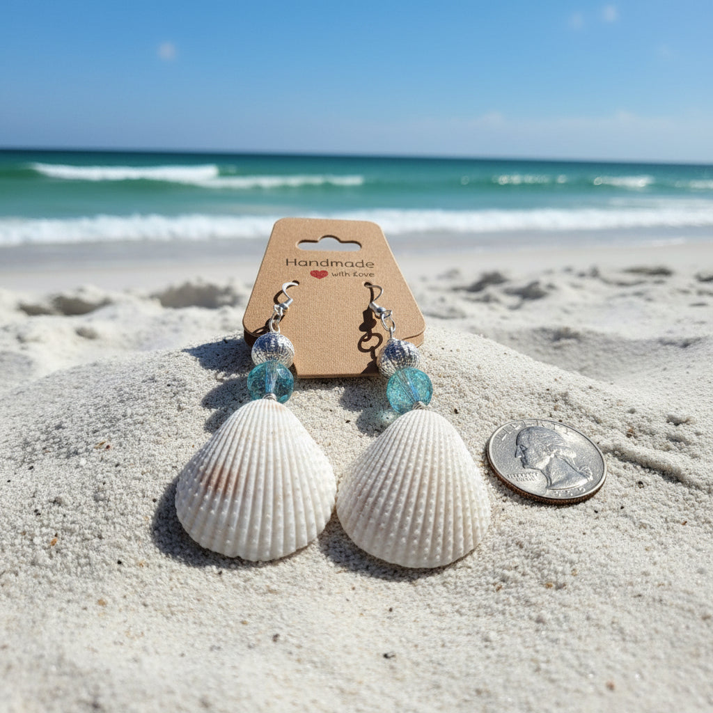 Tidal Cockle Shell Drop Earrings With Aqua Crackle Glass Bead