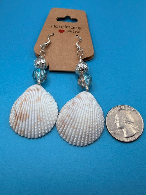 Tidal Cockle Shell Drop Earrings With Aqua Crackle Glass Bead