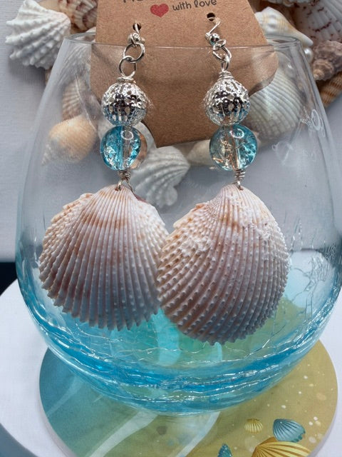 Tidal Cockle Shell Drop Earrings With Aqua Crackle Glass Bead