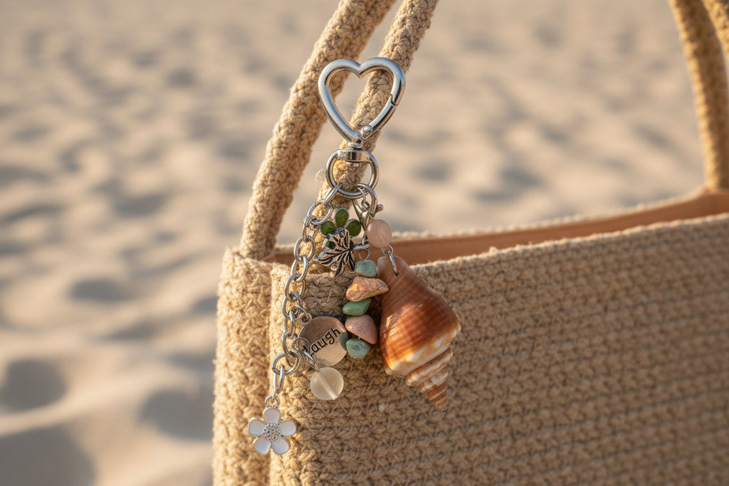 Florida conch shell Laugh bag charm with quarter for scale on blue background showing full charm