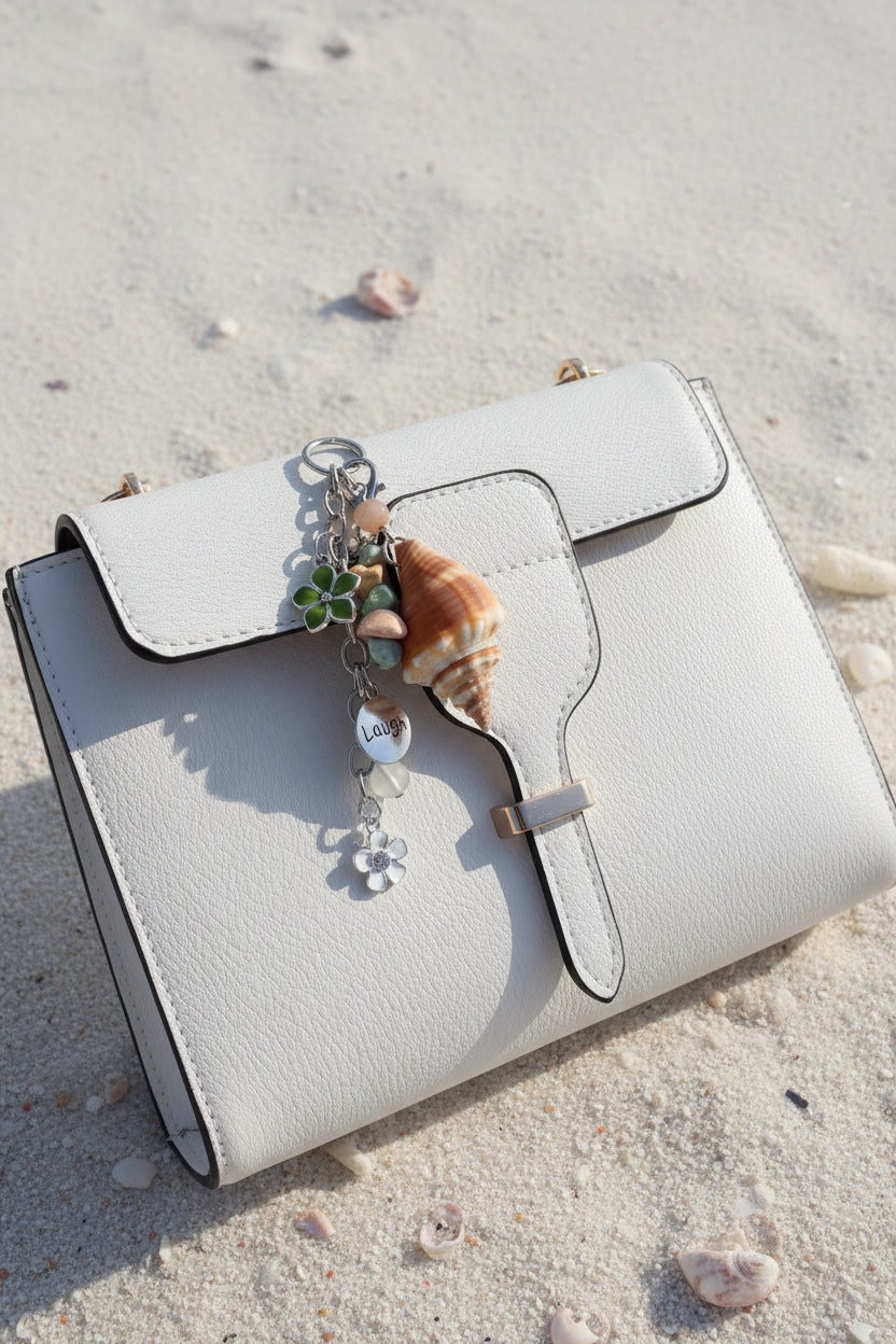 Florida conch shell Laugh bag charm on white structured bag with coastal background