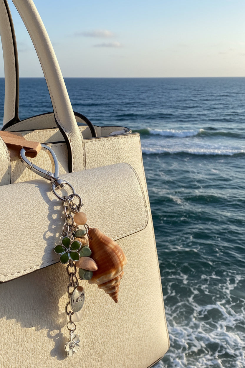 Florida conch shell Laugh bag charm close-up on white leather bag