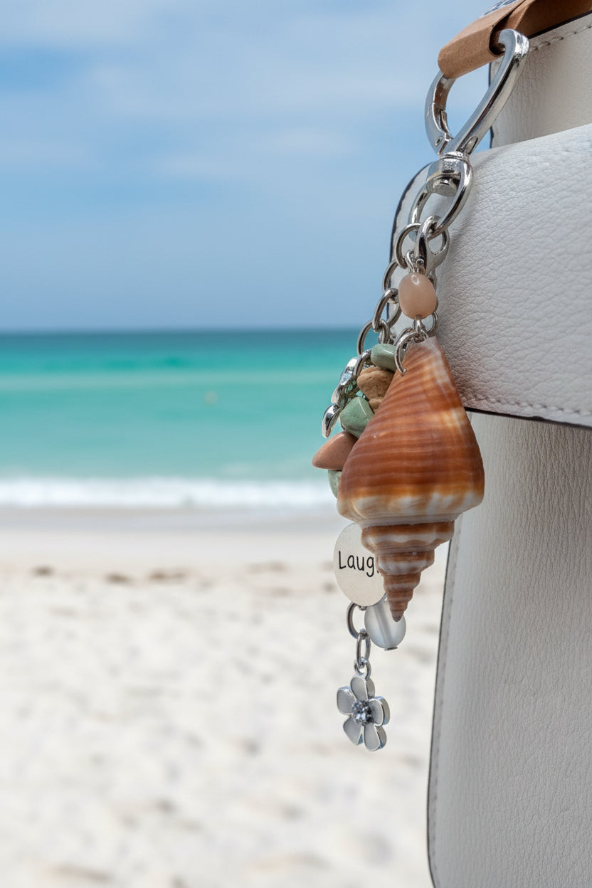 Florida conch shell Laugh bag charm styled on white bag showing Laugh charm detail