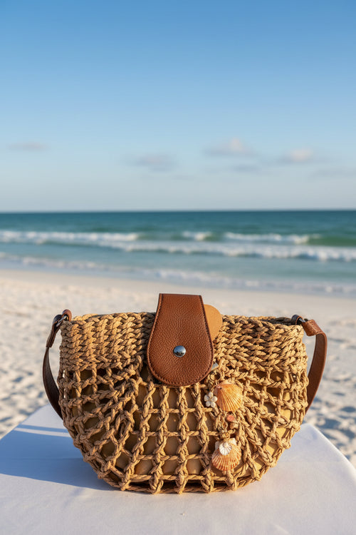 Chocolate seashell bag charm full view on woven straw bag with shell print background