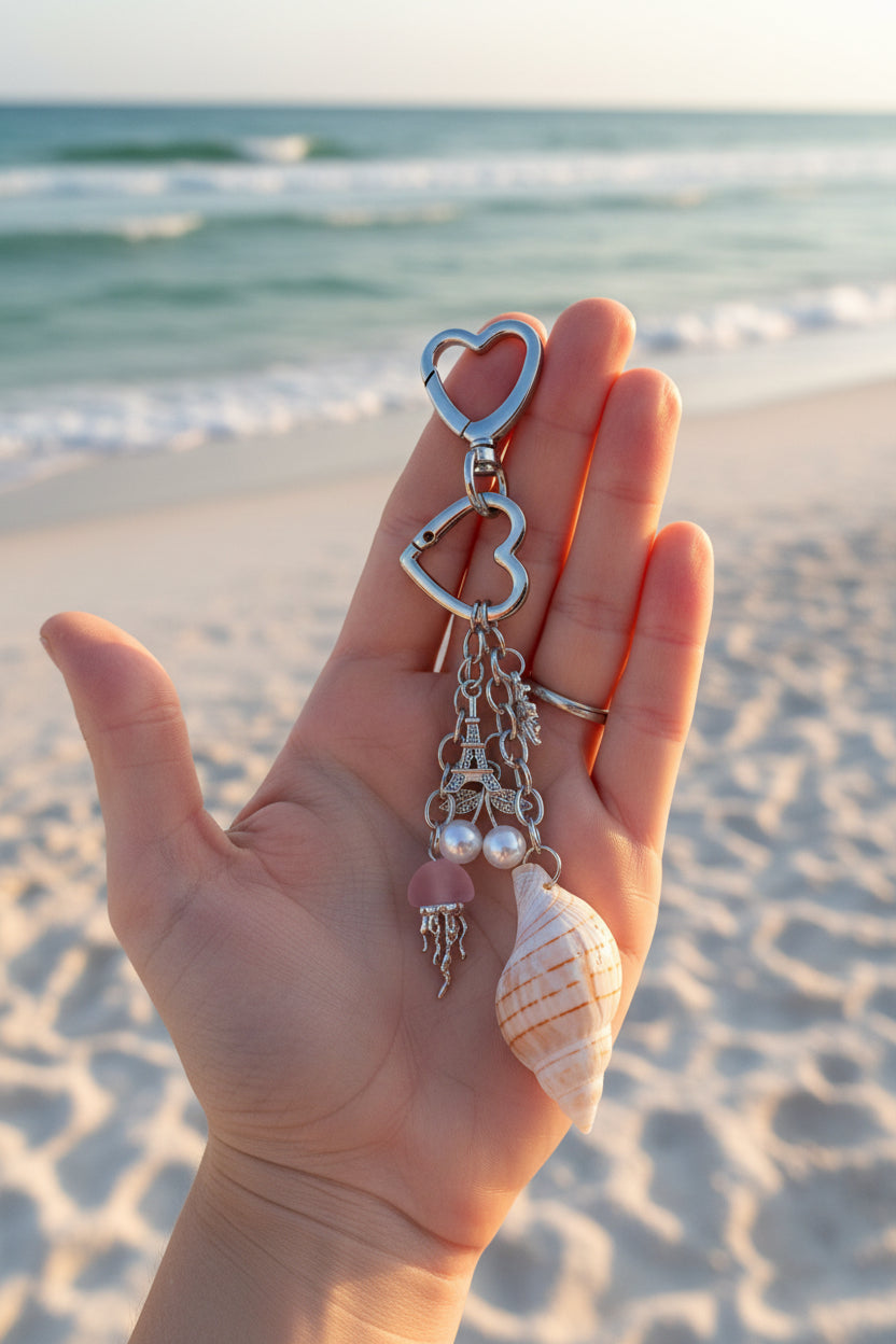 Coastal charm shell keychain hanging on a woven straw tote bag