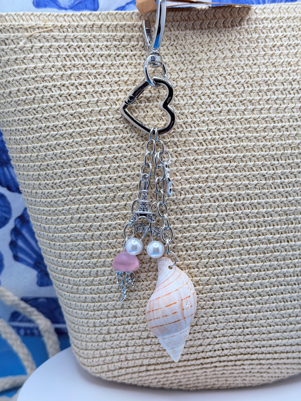 Coastal Charm Shell Keychain With Conch Pearl Beads And Eiffel Tower Charm