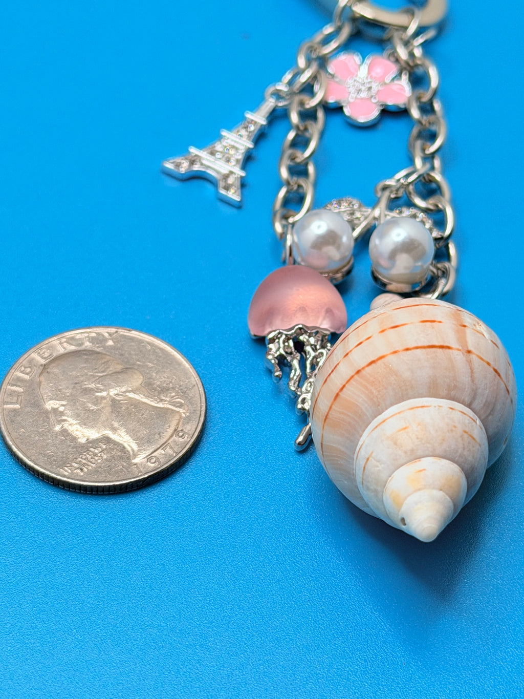 Coastal Charm Shell Keychain With Conch Pearl Beads And Eiffel Tower Charm