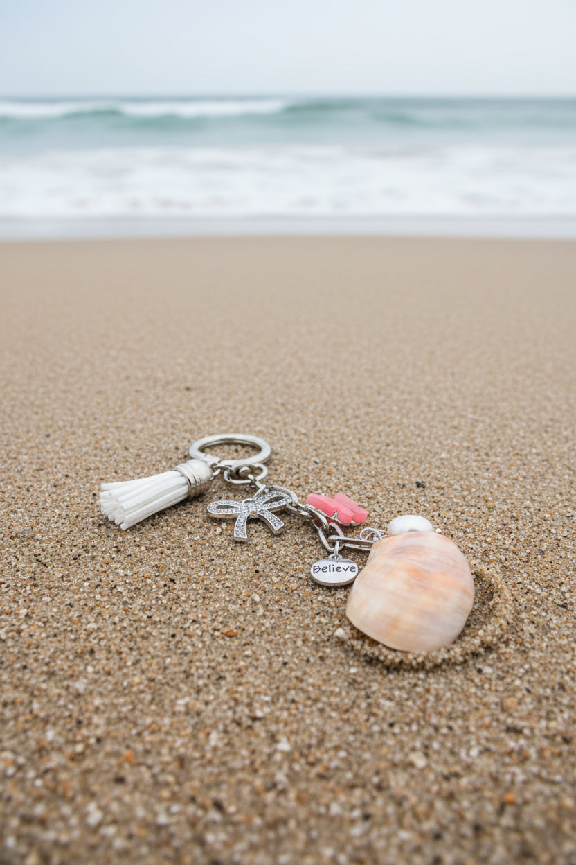 Believe and Bloom slipper shell keychain close-up on blue background showing Believe disc and pearl drop