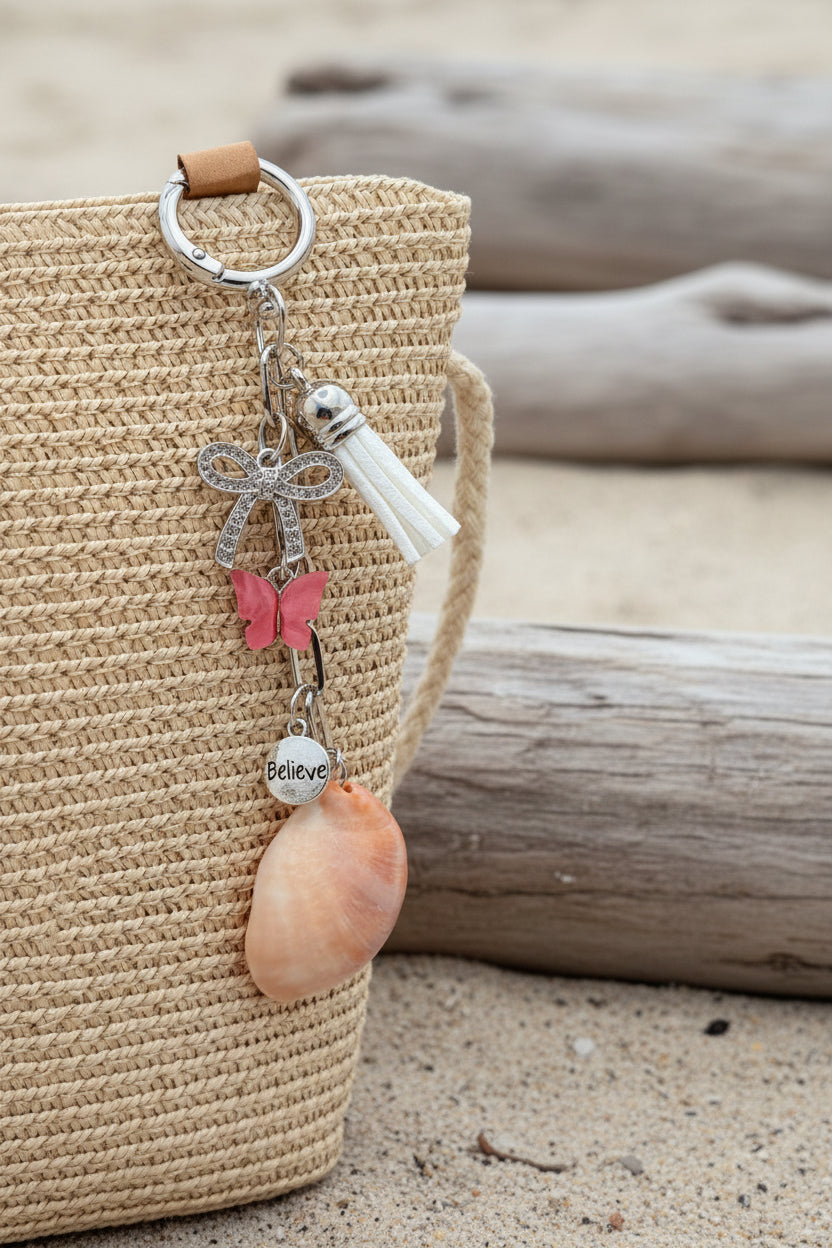 Believe and Bloom slipper shell keychain on woven straw bag showing full charm cascade