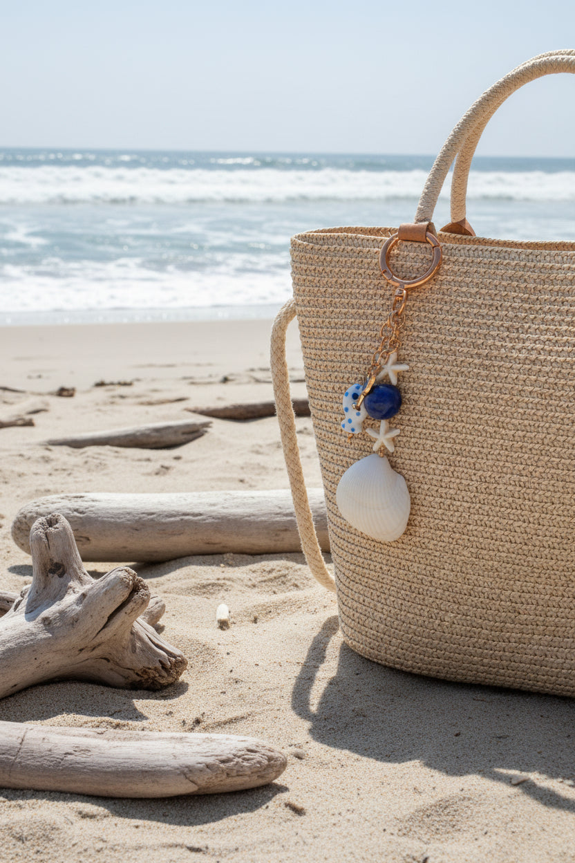 Florida ark shell bag charm on woven straw tote bag showing full charm cascade with blue shell print background