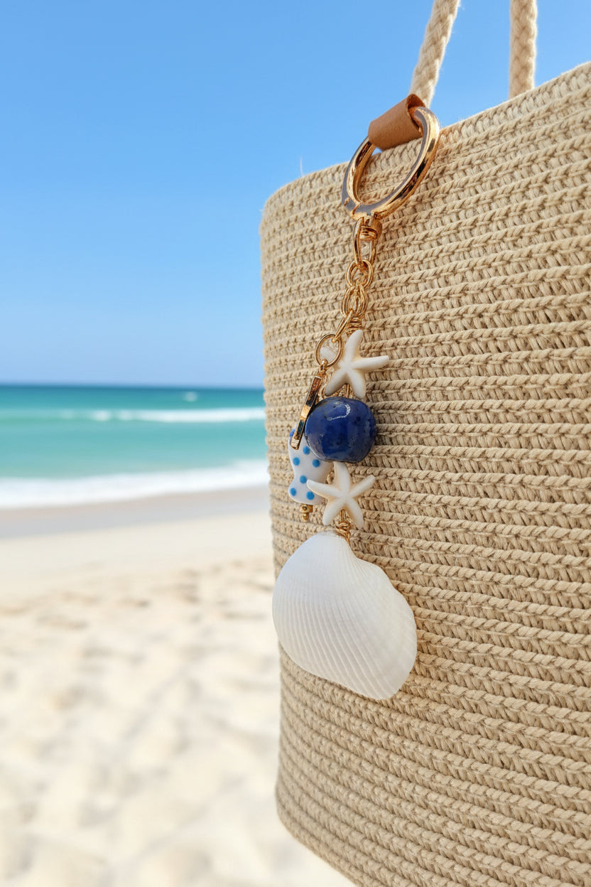 Florida ark shell bag charm on woven straw tote bag showing full length with blue shell print background