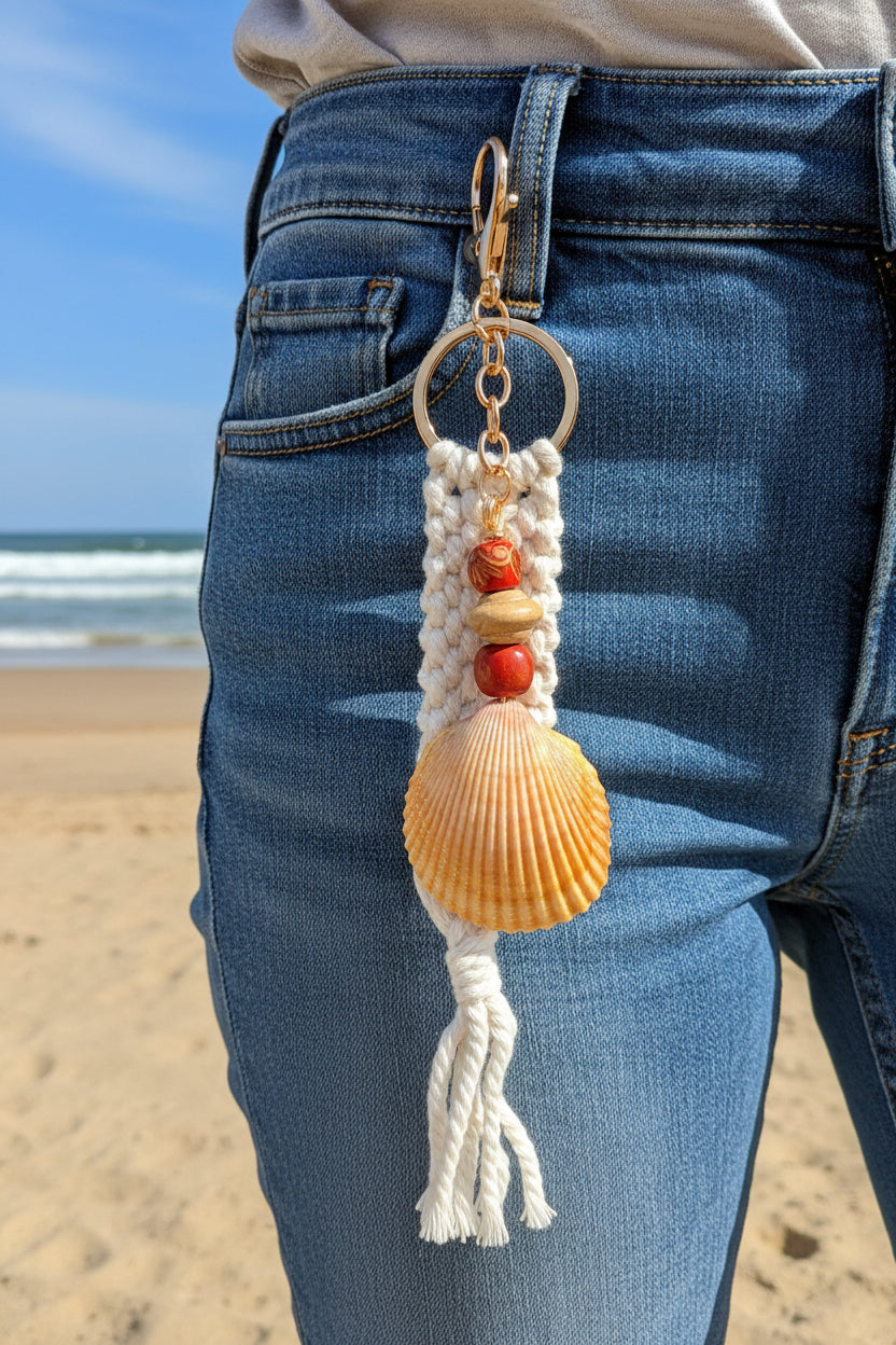 Turtle Cove prickly cockle shell macrame keychain close-up showing terracotta beads and wood bead detail