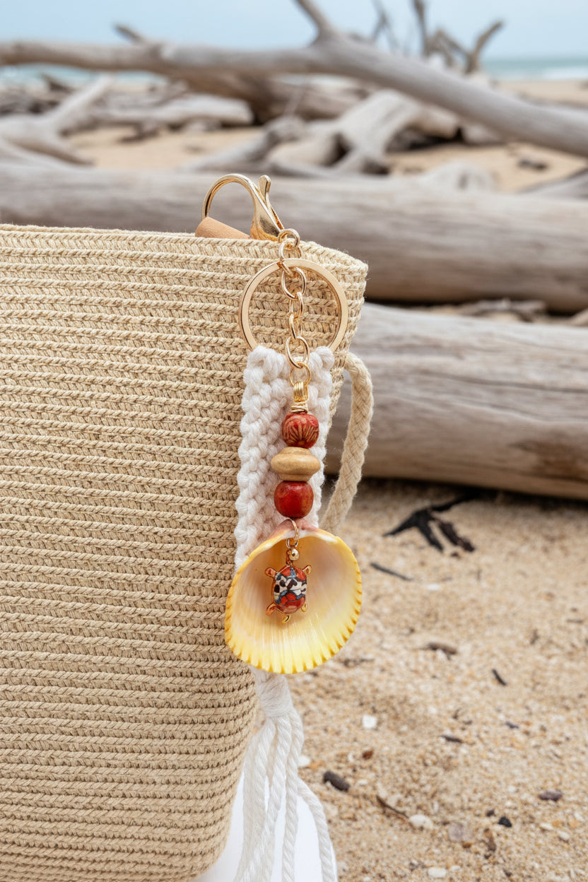 Turtle Cove prickly cockle shell macrame keychain on woven straw bag showing scallop shell and macrame tassel