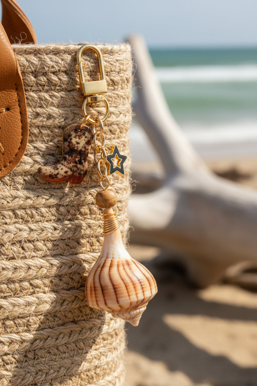 Boots and the Shore lightning whelk shell bag charm on white handbag showing full charm length with shell print background