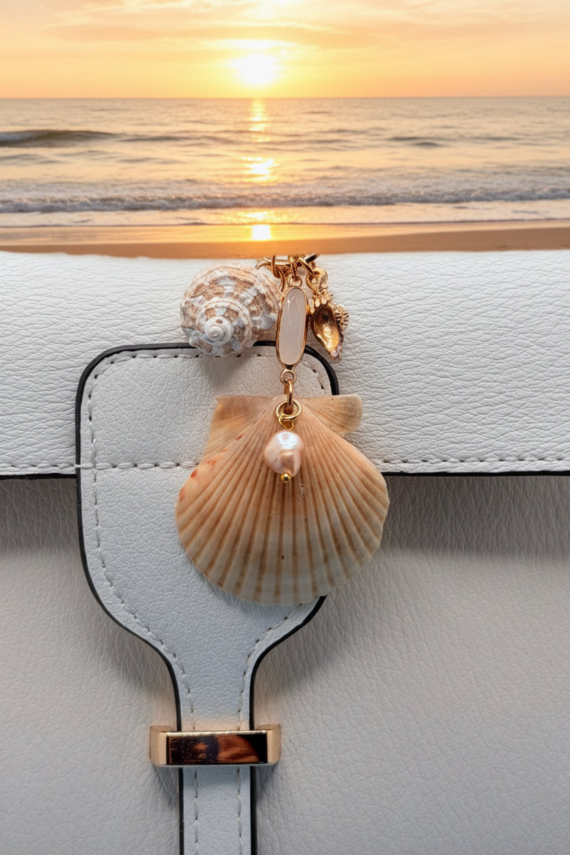 Dual Shores bag charm clipped to white structured handbag with shell wallpaper background