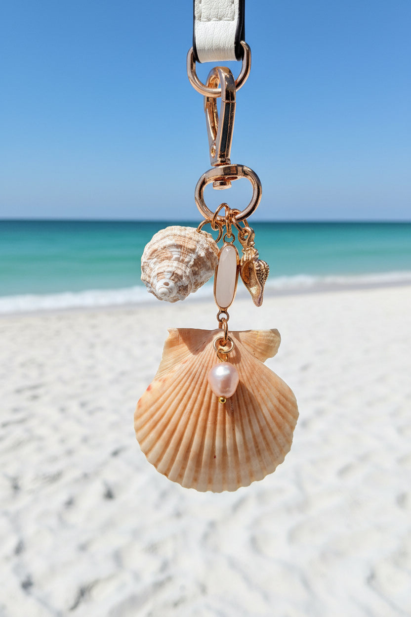 Dual Shores bag charm on white structured bag with coastal background