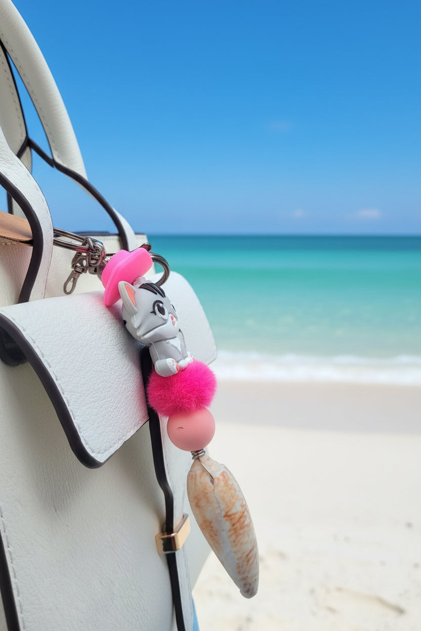 Pink Beret Cat lettered olive shell keychain styled on white structured handbag with blue floral background