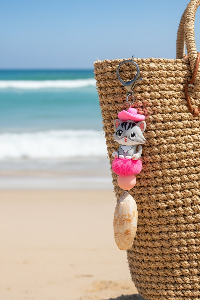 Pink Beret Cat lettered olive shell keychain on white handbag close-up showing lettered olive shell at bottom