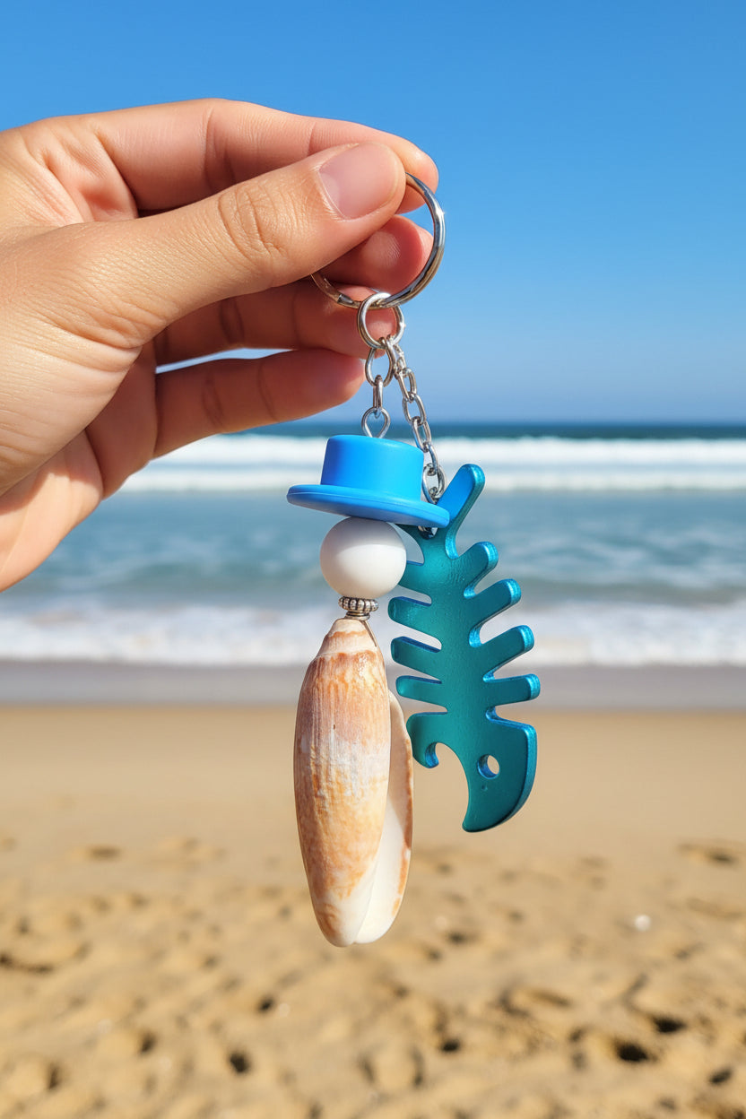 Lettered Olive fishbone bottle opener keychain styled on woven straw tote bag with blue shell print background