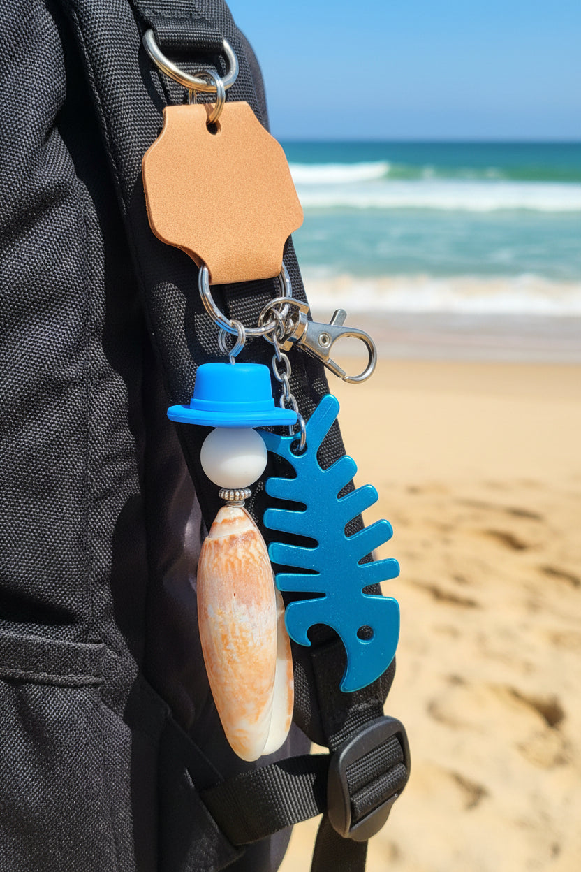 Lettered Olive fishbone bottle opener keychain on woven straw bag showing fishbone bottle opener charm detail