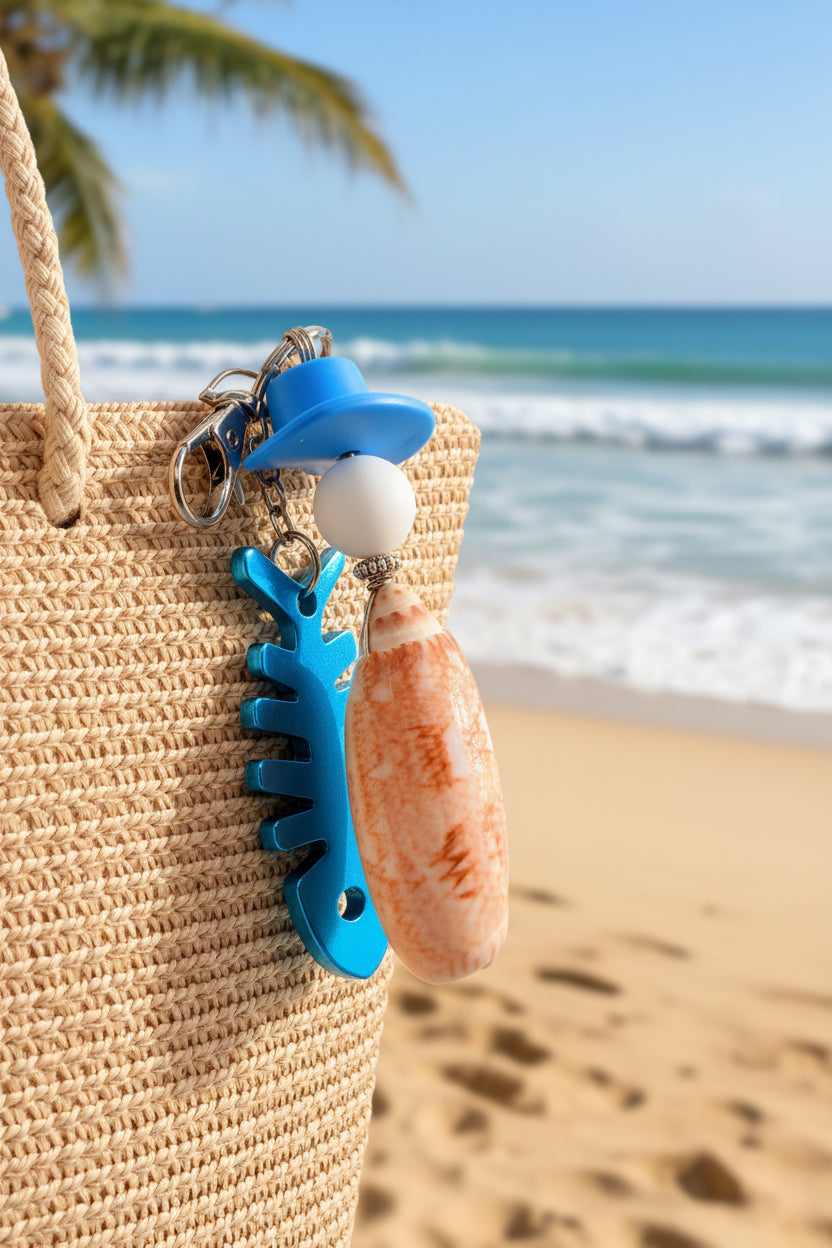 Lettered Olive fishbone bottle opener keychain on woven straw bag close-up showing lettered olive shell and blue beads