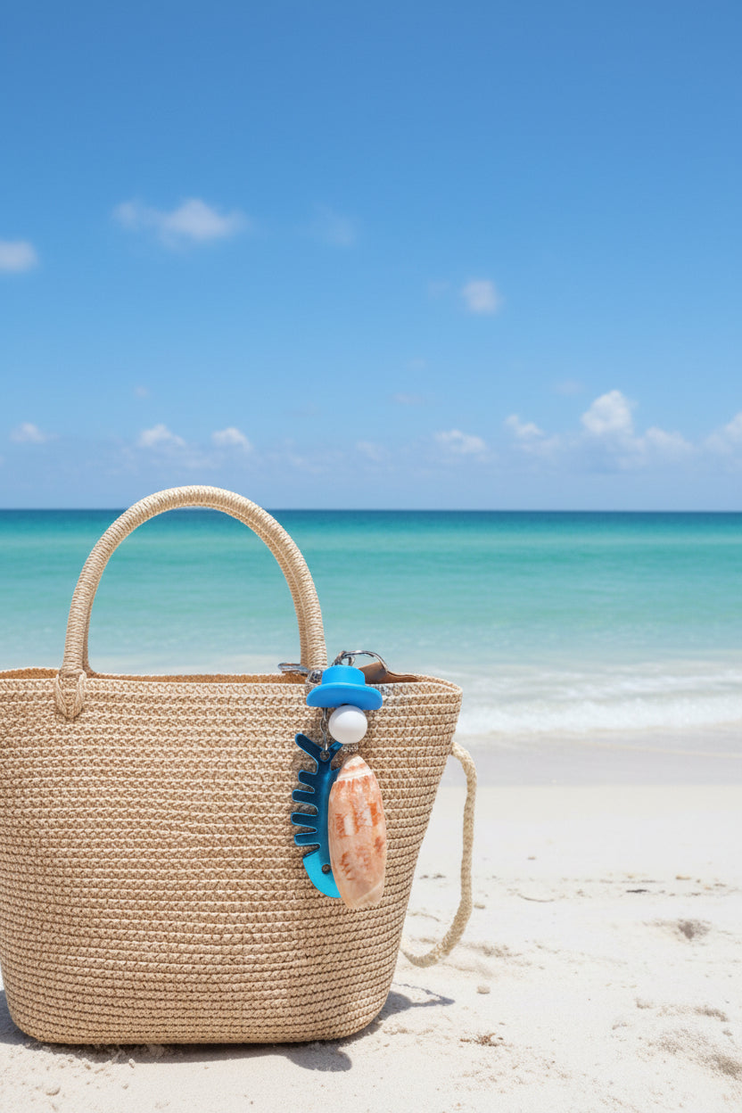 Lettered Olive fishbone bottle opener keychain on woven straw bag showing full charm cascade with blue fishbone charm