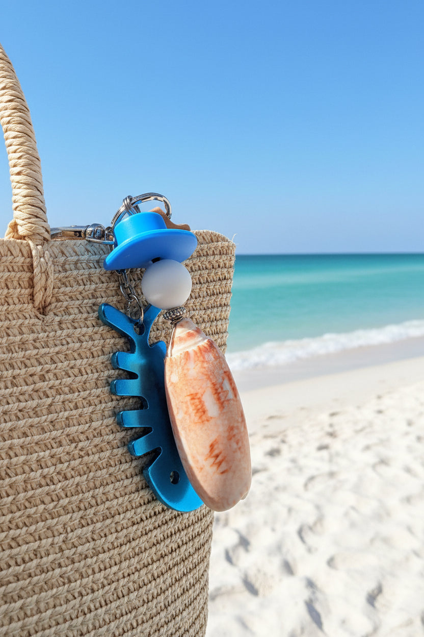 Lettered Olive fishbone bottle opener keychain with quarter for scale on blue background showing lettered olive shell close-up