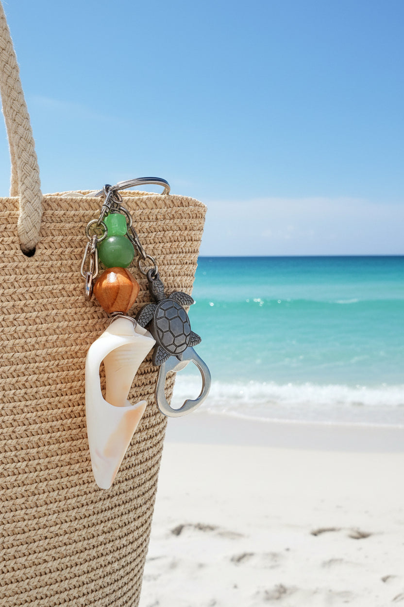 Sea Turtle conch shell bottle opener keychain styled on woven straw tote bag with blue shell print background