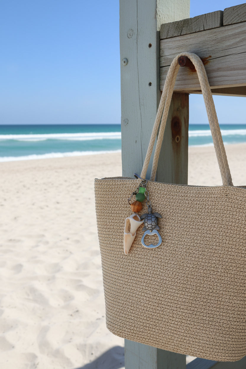 Sea Turtle conch shell bottle opener keychain on woven straw bag showing sea turtle bottle opener charm detail