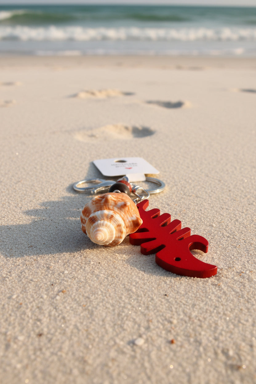 Florida conch shell red fishbone bottle opener keychain on woven straw bag close-up showing conch shell and red fishbone charm