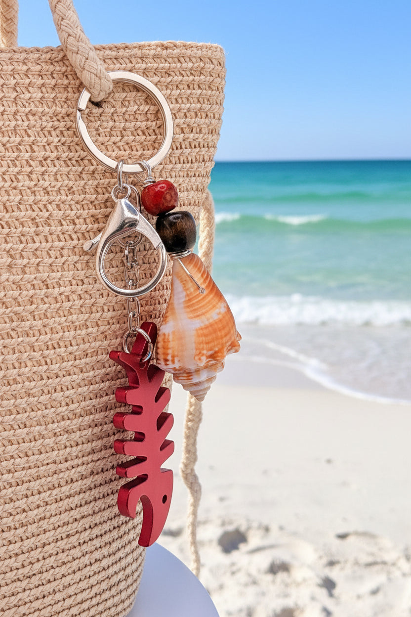 Florida conch shell red fishbone bottle opener keychain on woven straw bag showing full charm cascade