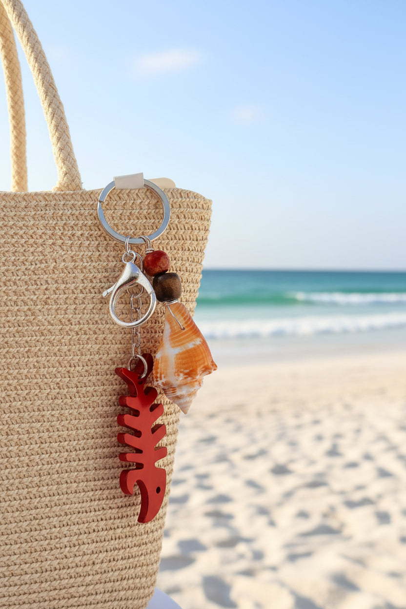 Florida conch shell red fishbone bottle opener keychain with quarter for scale on blue background showing full keychain
