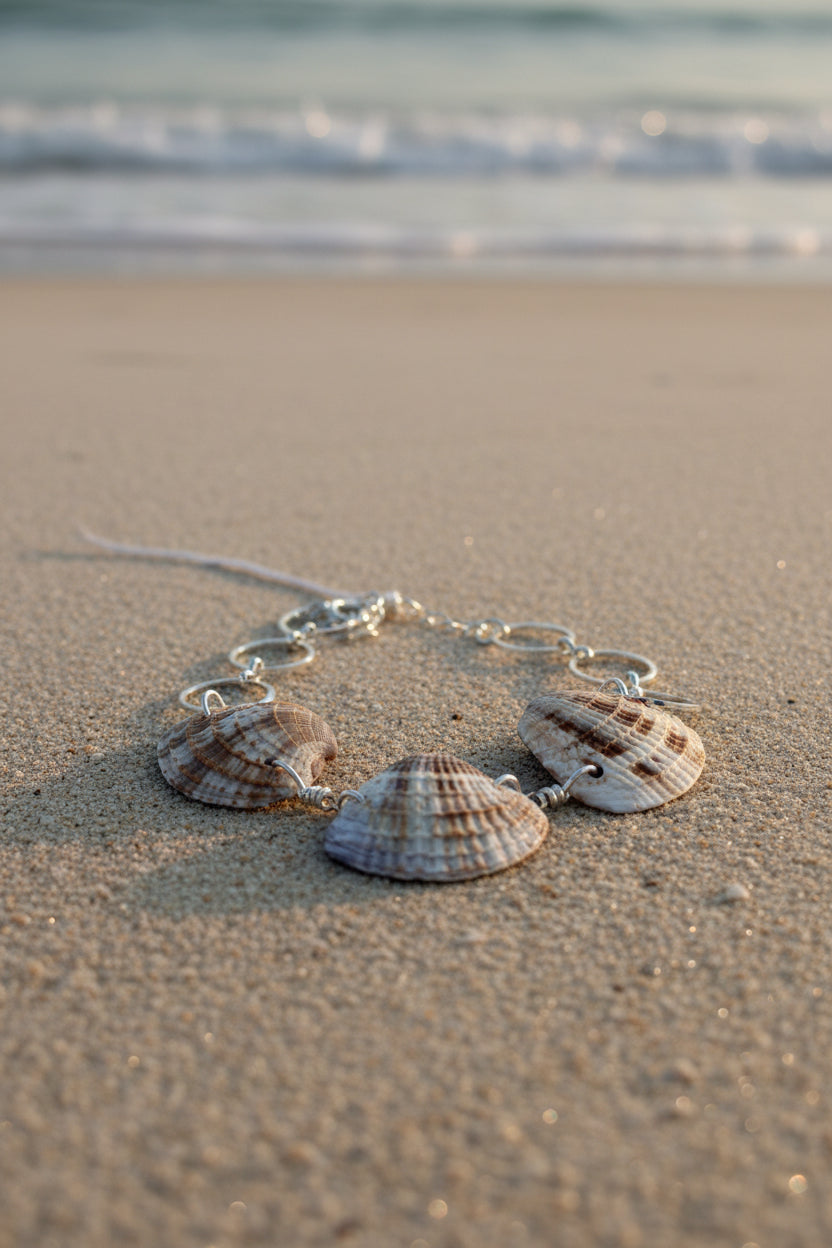 Calico scallop shell bracelet worn on wrist