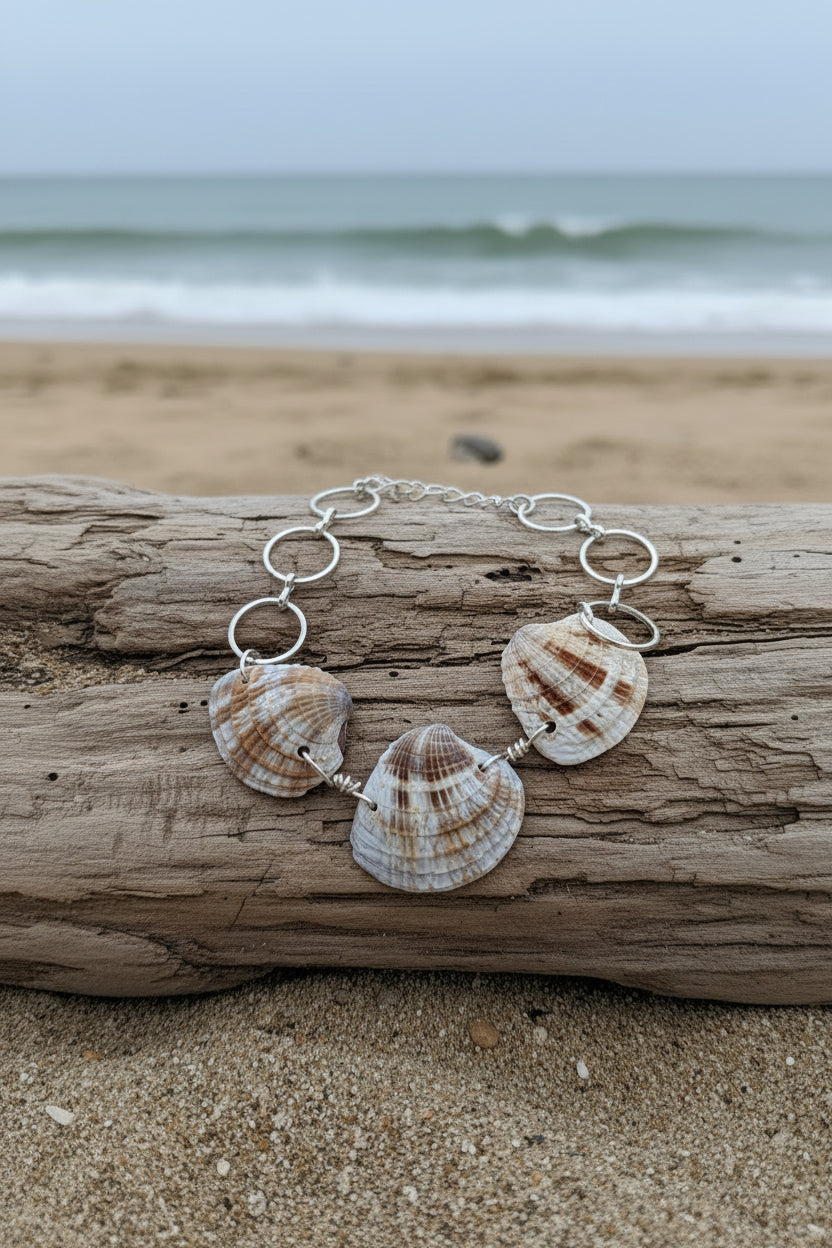 Calico scallop shell bracelet flat lay detail
