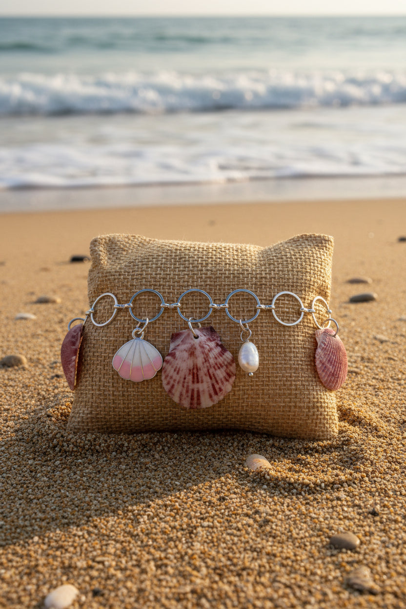 Shell charm bracelet flat lay with quarter for scale