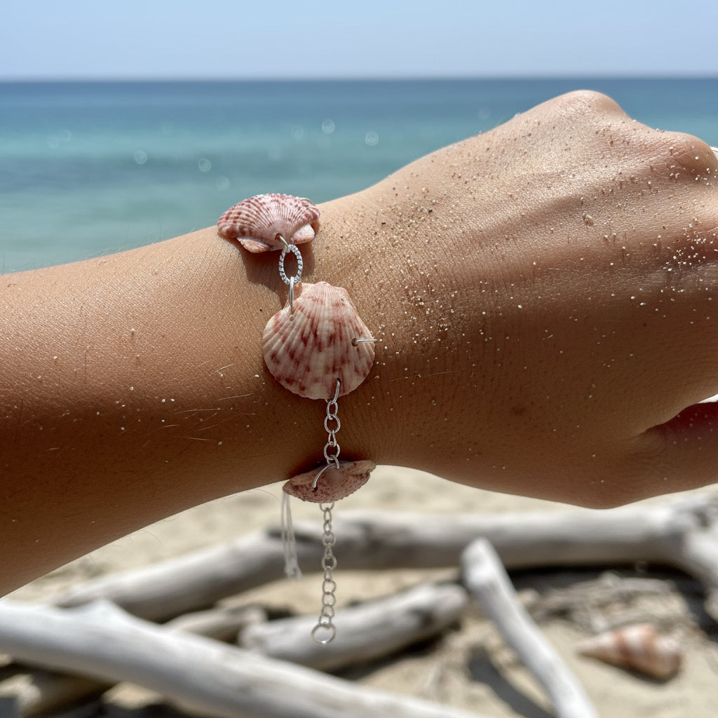 Calico scallop shell link bracelet on blue background with dime for scale showing clasp and extender