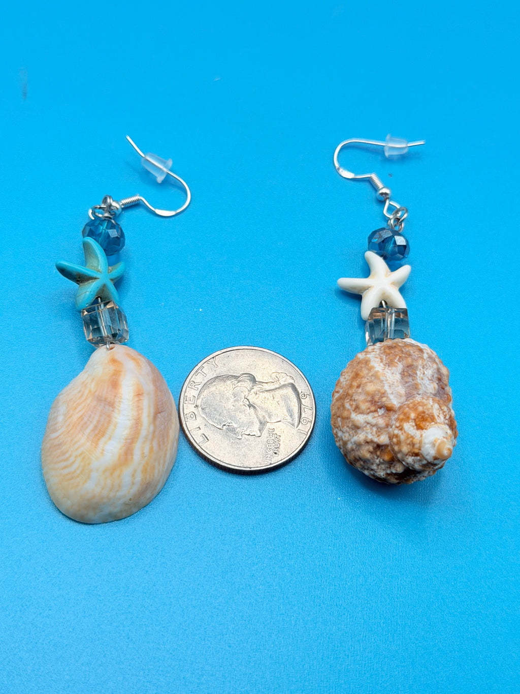 Mismatched turban and slipper shell earrings on display board with ruler showing drop length