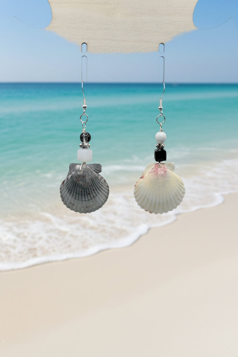 Scallop Shell Earrings, Real seashell dangle earrings, black & white beaded beach jewelryHooks