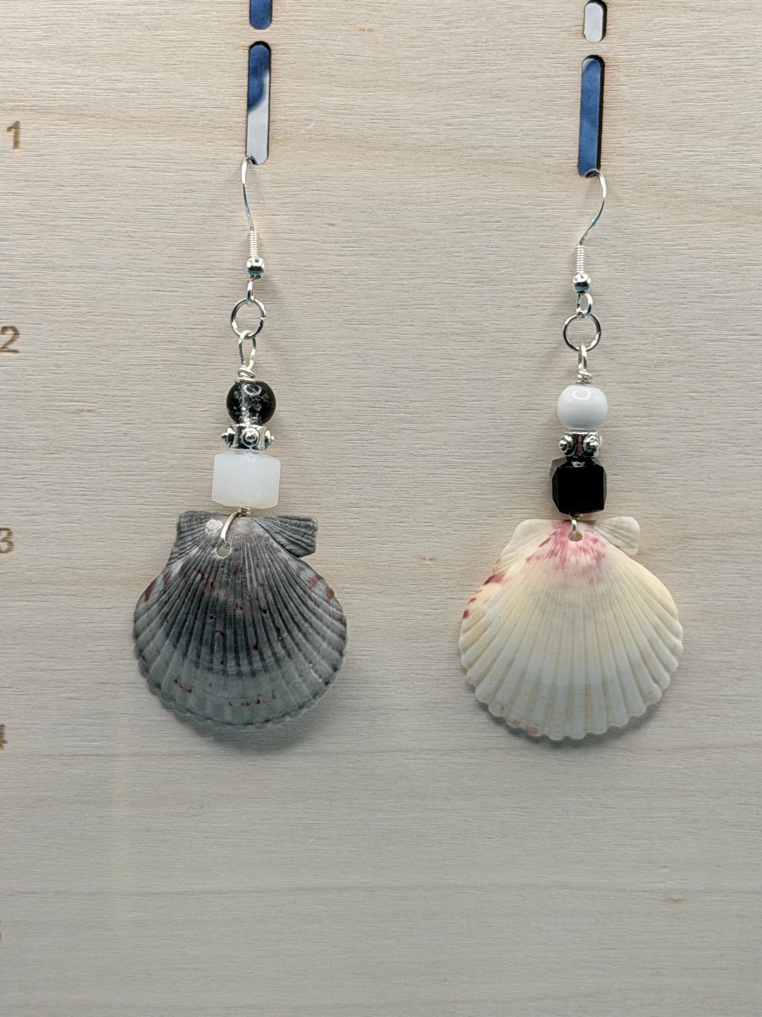Scallop Shell Earrings, Real seashell dangle earrings, black & white beaded beach jewelryHooks