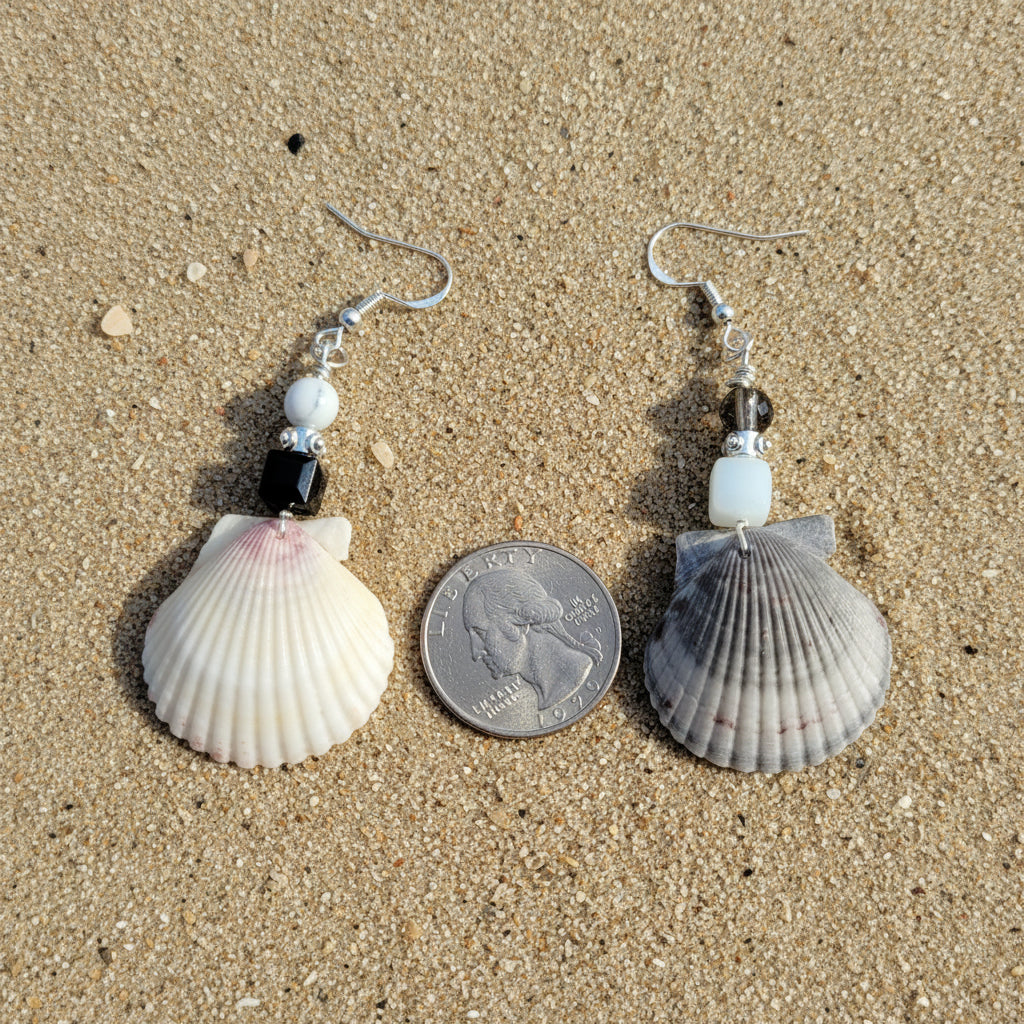 Side view of scallop shell earrings with coin for scale