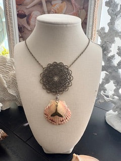 Whale Tail Blush Scallop Bronze Filigree Charm Necklace