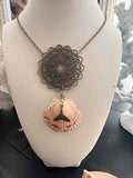 Whale Tail Blush Scallop Bronze Filigree Charm Necklace